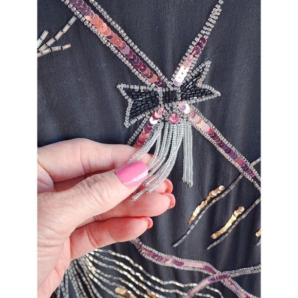 VTG 70s Argenti 100% Pure Silk Black Pink Sequin Beaded Bows Blouse S Hong Kong - Picture 4 of 10